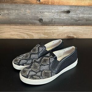 Michael Kors MK Leo Beaded Suede Loafers Black White Slip On Flats Shoes 8M